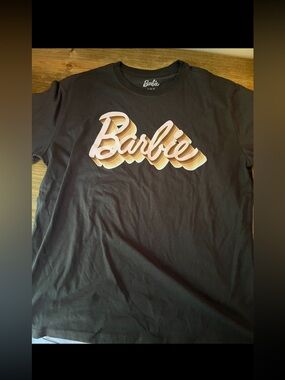Women’s Barbie Black Tee with Pink and Gold Script, Size Large